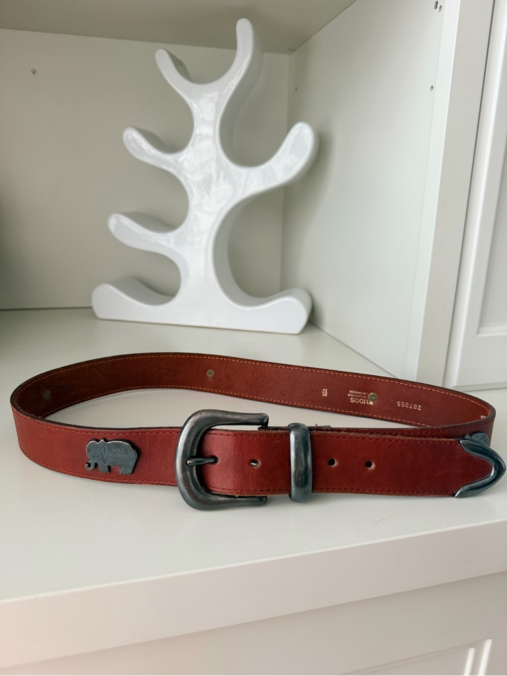 Vintage KUDOS Leather Brown Belt Elephant Decals Womens Made In Canada Size 85